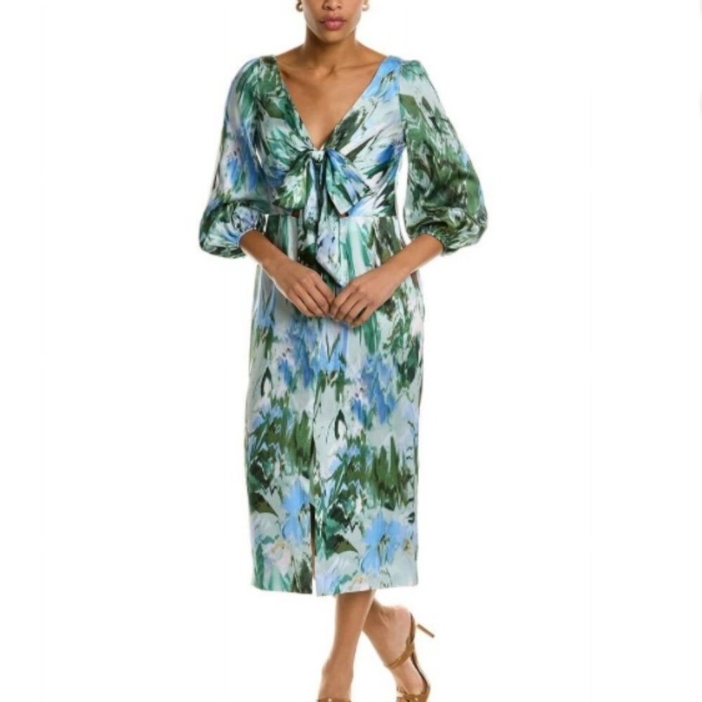 Monique Lhullier   Satin floral print 3/4 sleeve NWT Size 10 Blue/Green